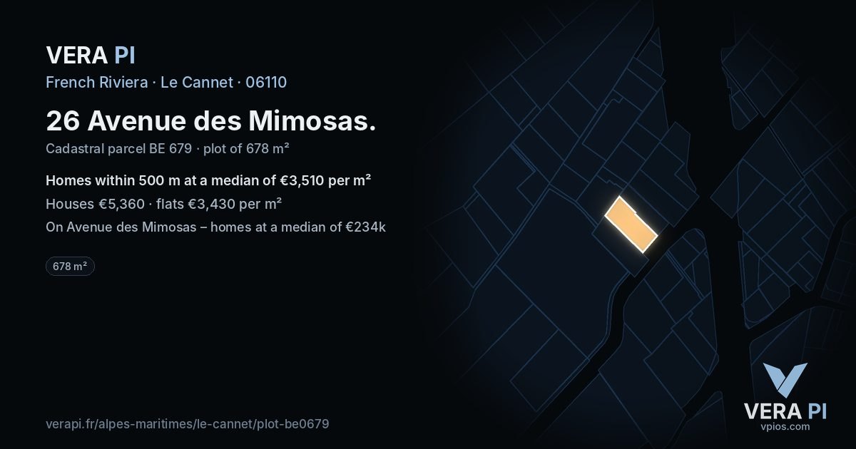 26 Avenue des Mimosas, Le Cannet at night – the plot lit, the parcels around coloured by the prices near them