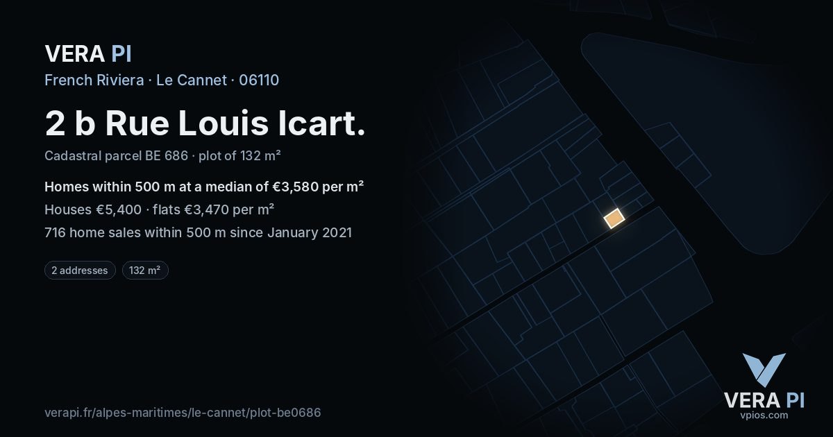 2 b Rue Louis Icart, Le Cannet at night – the plot lit, the parcels around coloured by the prices near them