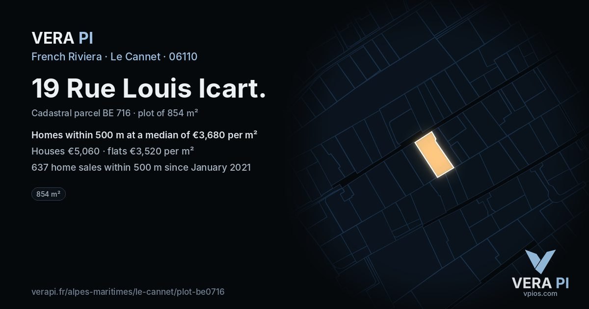 19 Rue Louis Icart, Le Cannet at night – the plot lit, the parcels around coloured by the prices near them