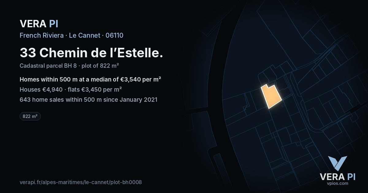 33 Chemin de l’Estelle, Le Cannet at night – the plot lit, the parcels around coloured by the prices near them