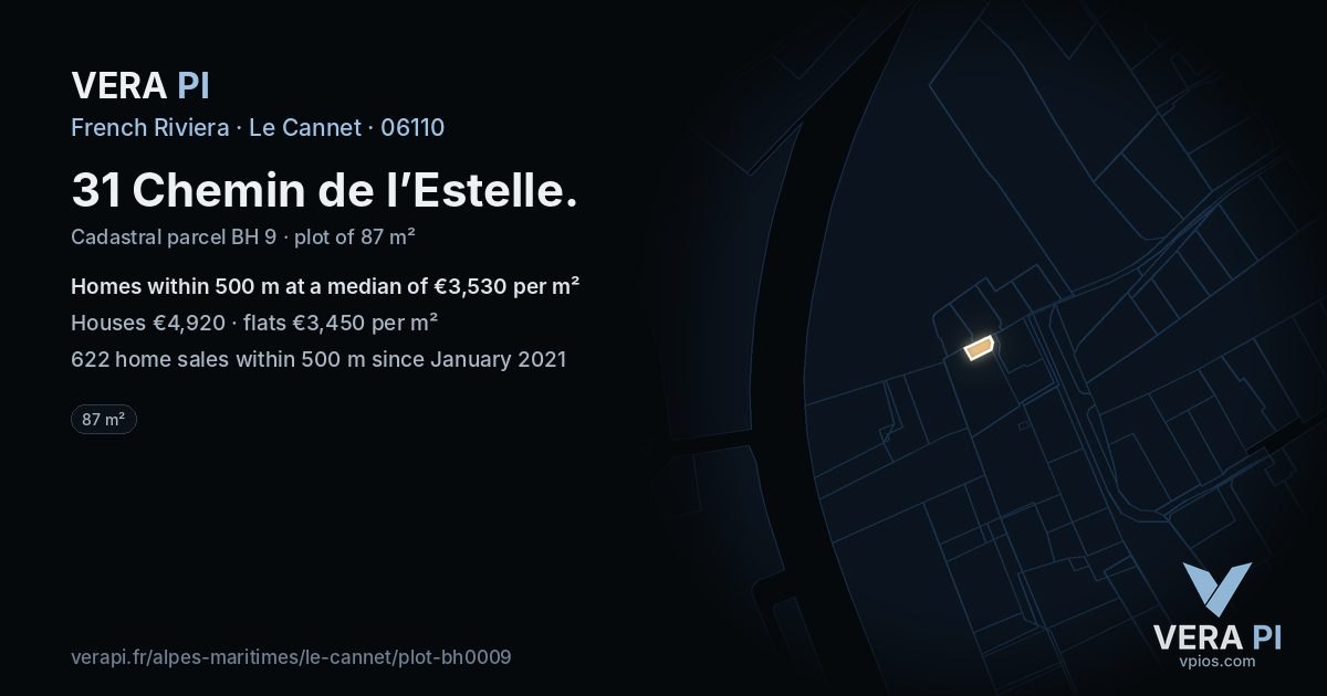 31 Chemin de l’Estelle, Le Cannet at night – the plot lit, the parcels around coloured by the prices near them