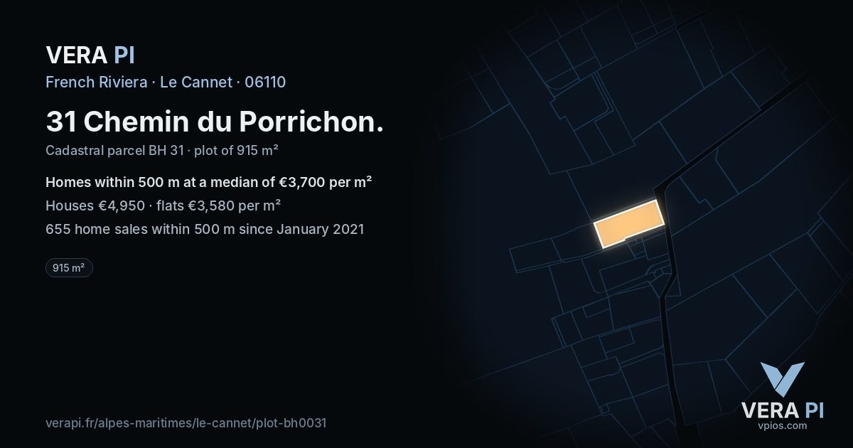 31 Chemin du Porrichon, Le Cannet at night – the plot lit, the parcels around coloured by the prices near them