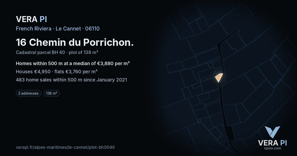 16 Chemin du Porrichon, Le Cannet at night – the plot lit, the parcels around coloured by the prices near them