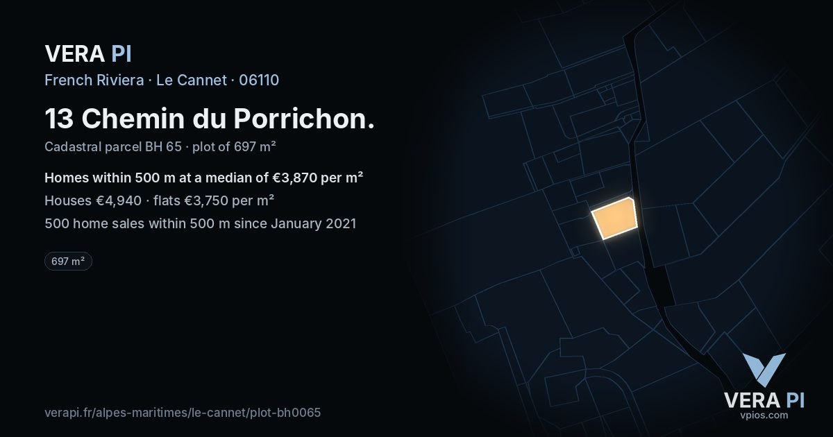 13 Chemin du Porrichon, Le Cannet at night – the plot lit, the parcels around coloured by the prices near them