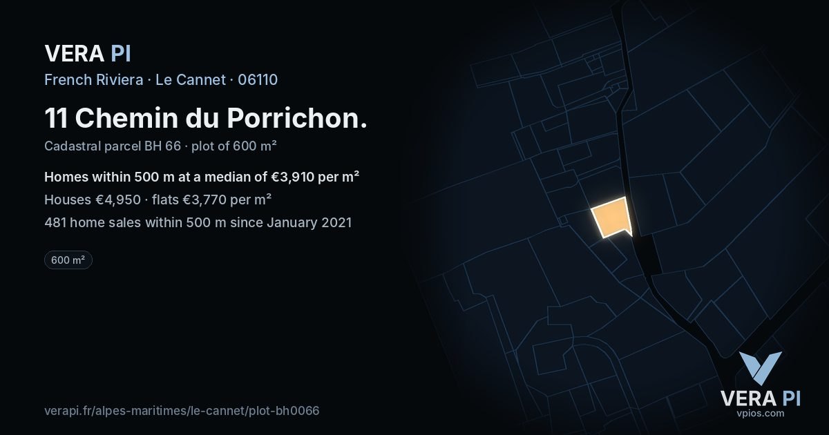 11 Chemin du Porrichon, Le Cannet at night – the plot lit, the parcels around coloured by the prices near them