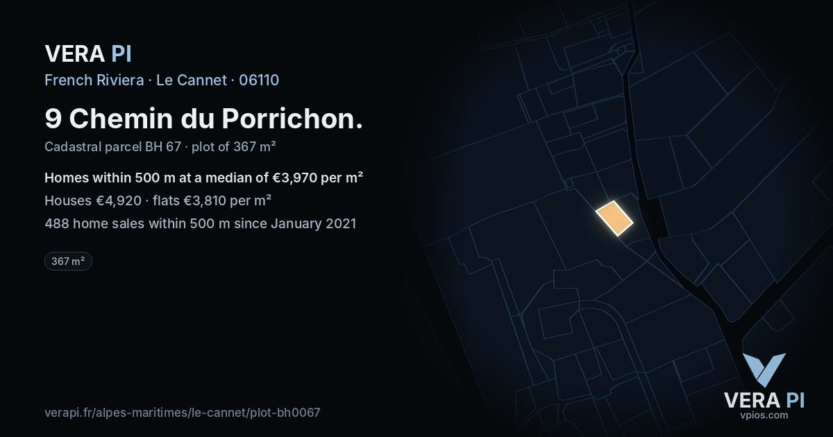 9 Chemin du Porrichon, Le Cannet at night – the plot lit, the parcels around coloured by the prices near them
