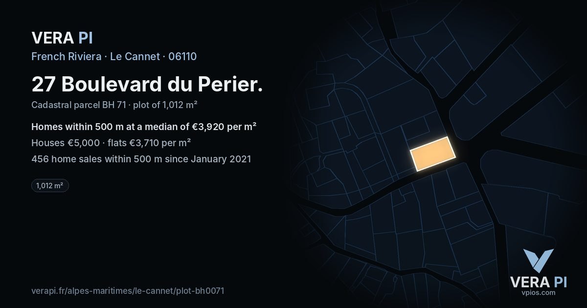 27 Boulevard du Perier, Le Cannet at night – the plot lit, the parcels around coloured by the prices near them