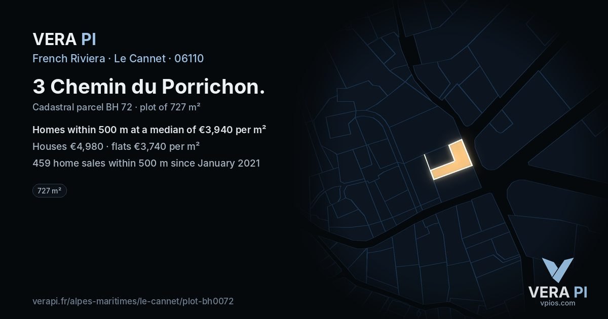 3 Chemin du Porrichon, Le Cannet at night – the plot lit, the parcels around coloured by the prices near them
