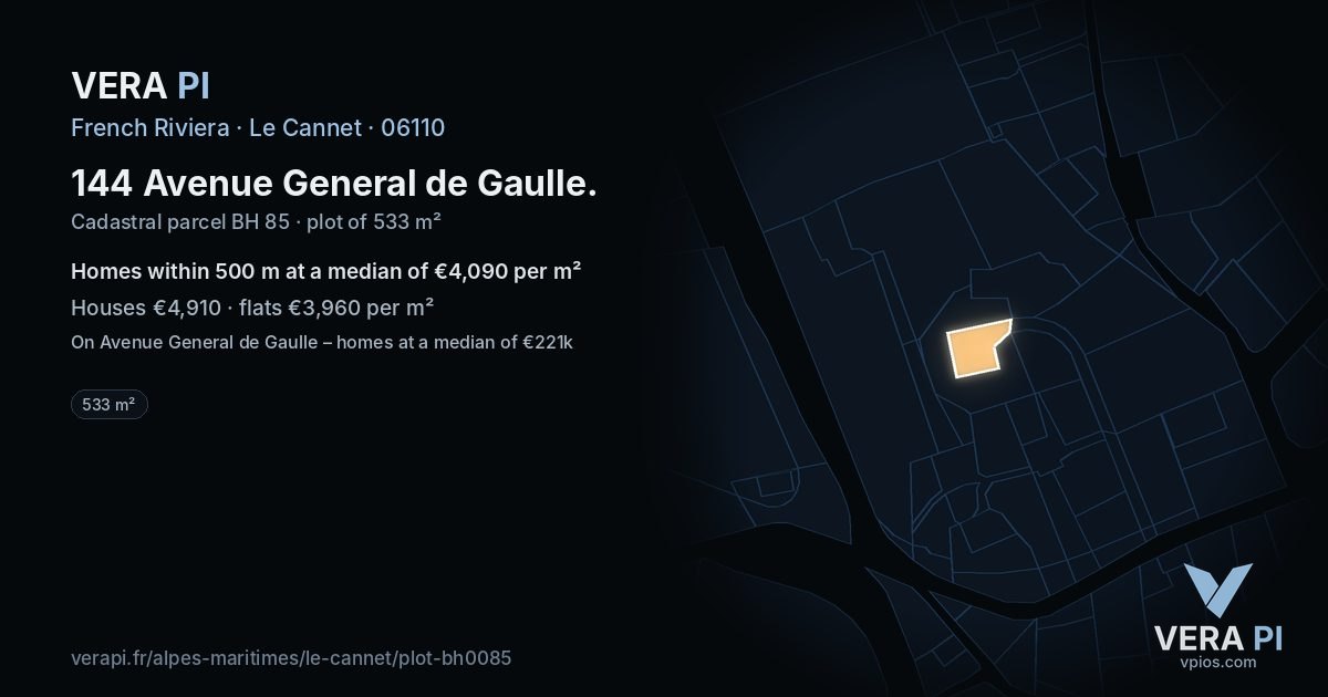 144 Avenue General de Gaulle, Le Cannet at night – the plot lit, the parcels around coloured by the prices near them