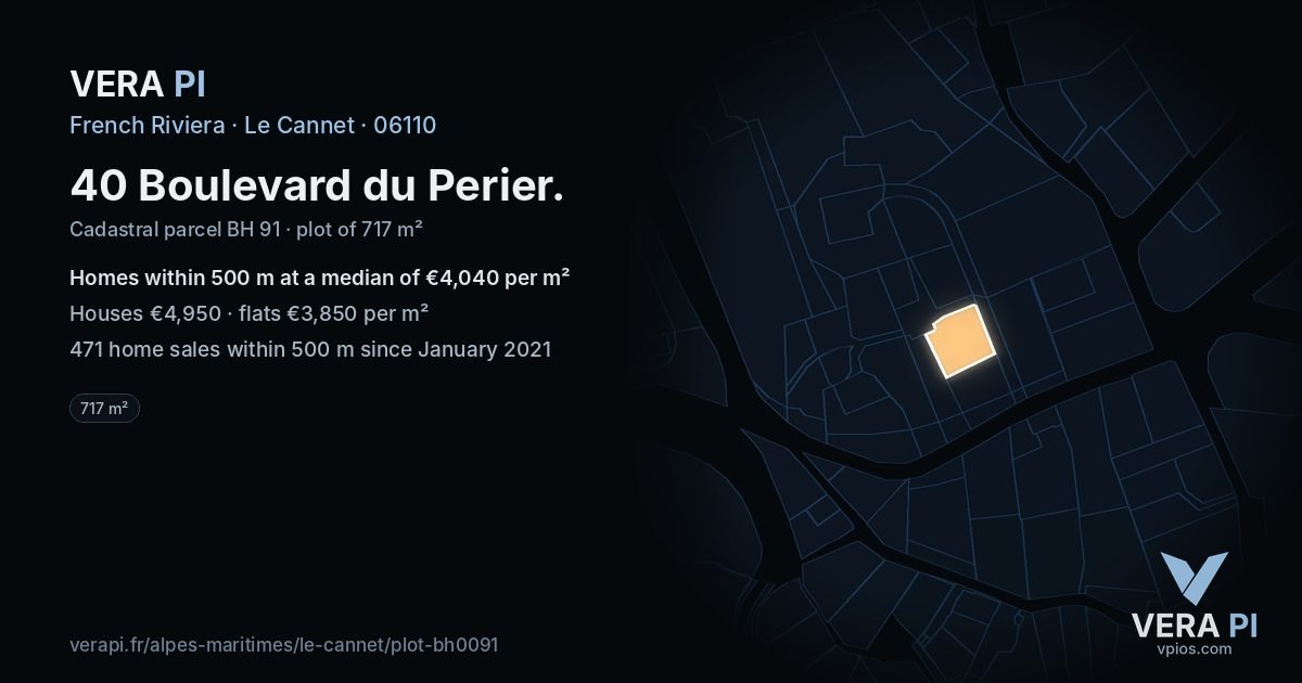 40 Boulevard du Perier, Le Cannet at night – the plot lit, the parcels around coloured by the prices near them