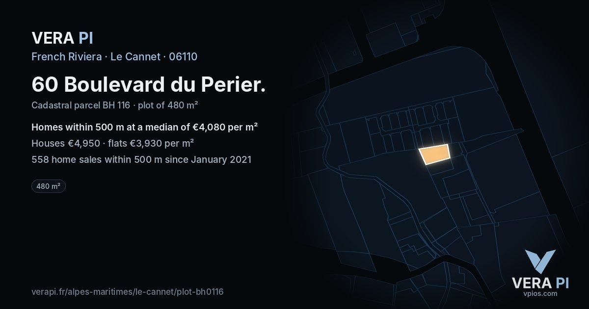 60 Boulevard du Perier, Le Cannet at night – the plot lit, the parcels around coloured by the prices near them
