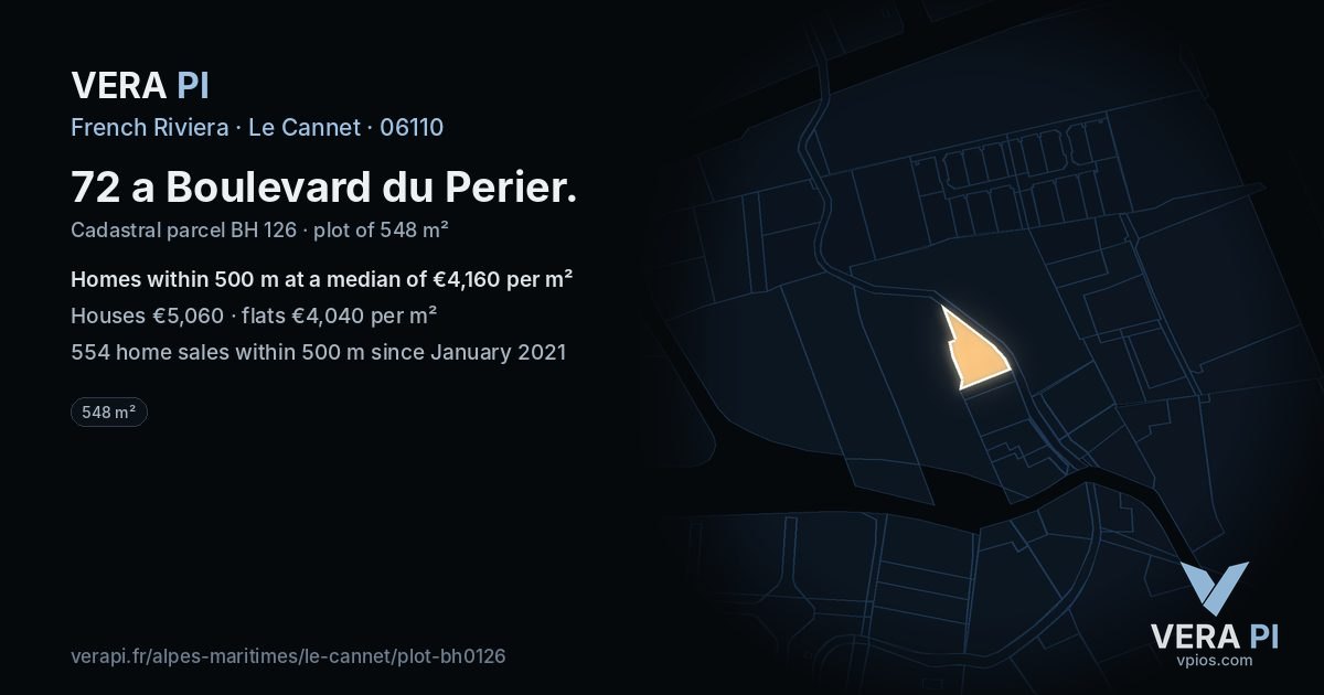 72 a Boulevard du Perier, Le Cannet at night – the plot lit, the parcels around coloured by the prices near them