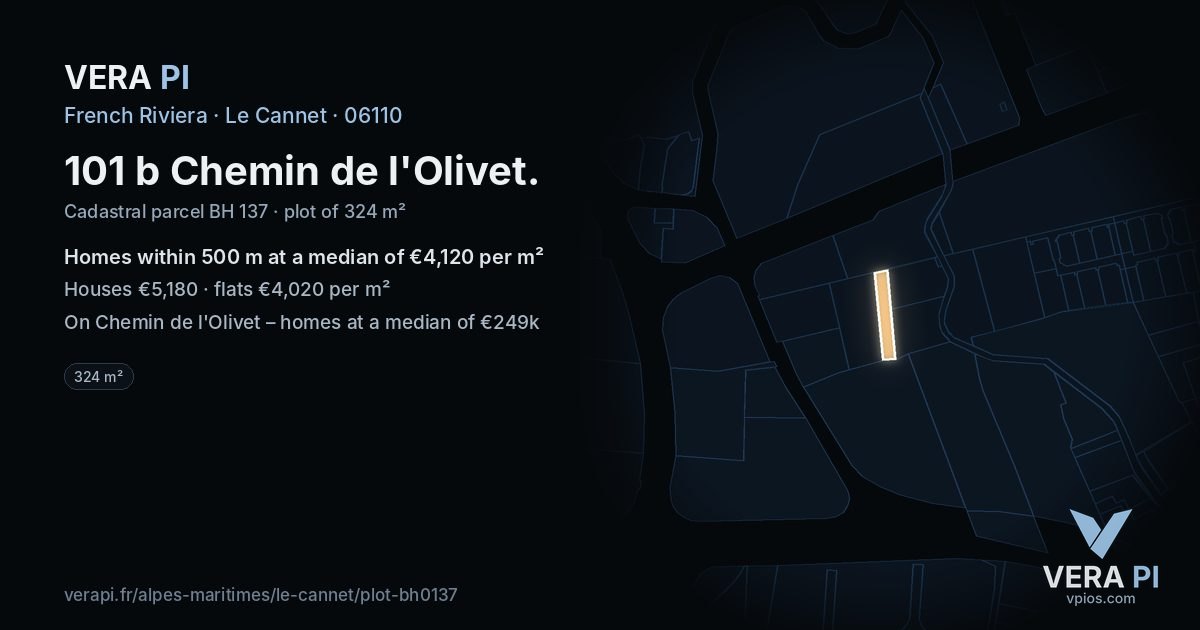 101 b Chemin de l'Olivet, Le Cannet at night – the plot lit, the parcels around coloured by the prices near them
