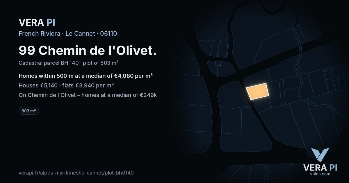 99 Chemin de l'Olivet, Le Cannet at night – the plot lit, the parcels around coloured by the prices near them
