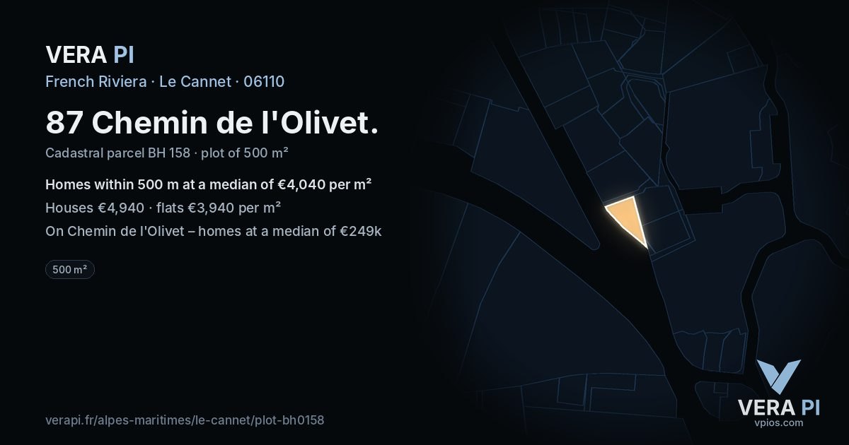87 Chemin de l'Olivet, Le Cannet at night – the plot lit, the parcels around coloured by the prices near them