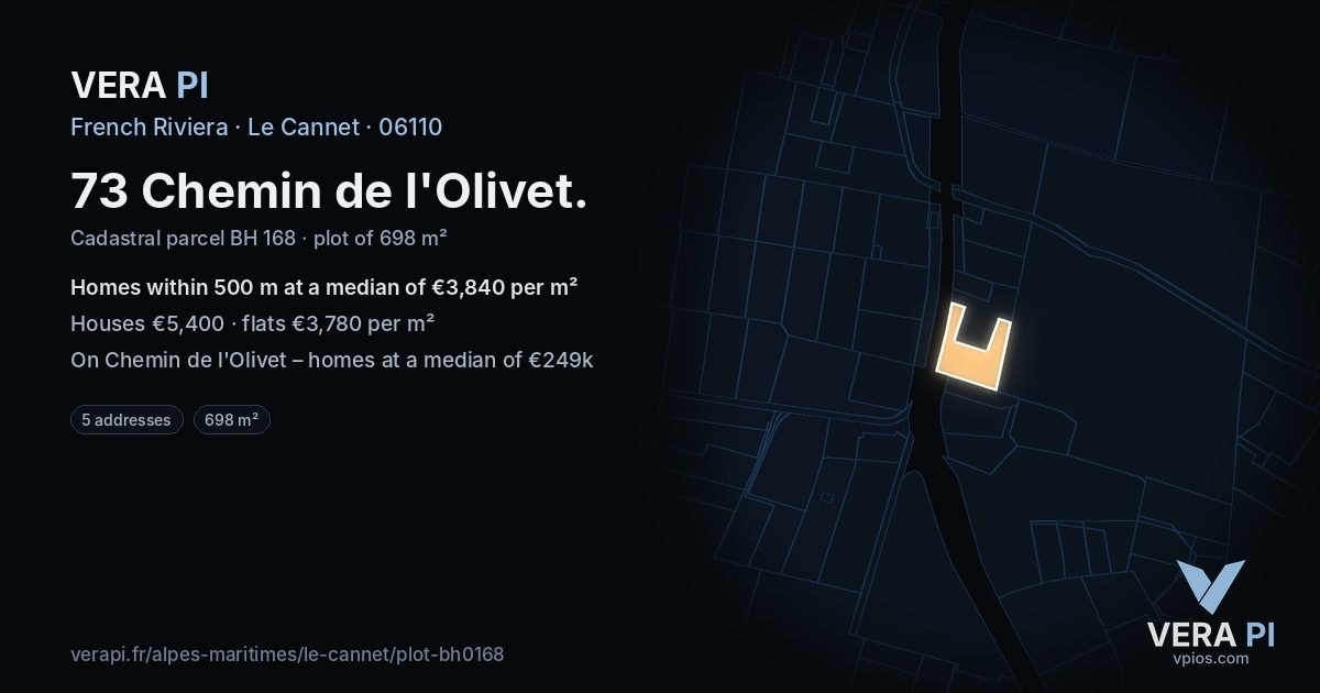 73 Chemin de l'Olivet, Le Cannet at night – the plot lit, the parcels around coloured by the prices near them