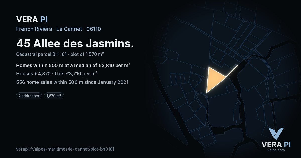 45 Allee des Jasmins, Le Cannet at night – the plot lit, the parcels around coloured by the prices near them