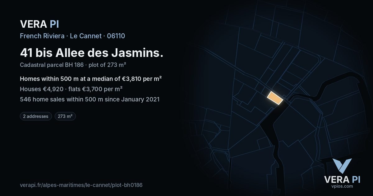 41 bis Allee des Jasmins, Le Cannet at night – the plot lit, the parcels around coloured by the prices near them