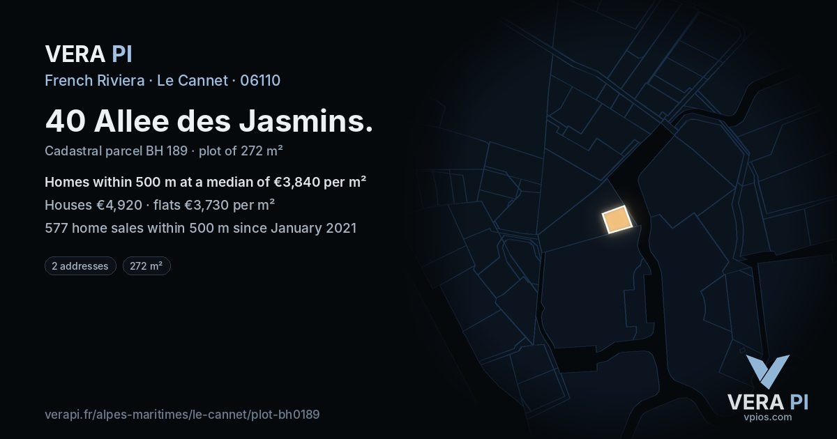40 Allee des Jasmins, Le Cannet at night – the plot lit, the parcels around coloured by the prices near them
