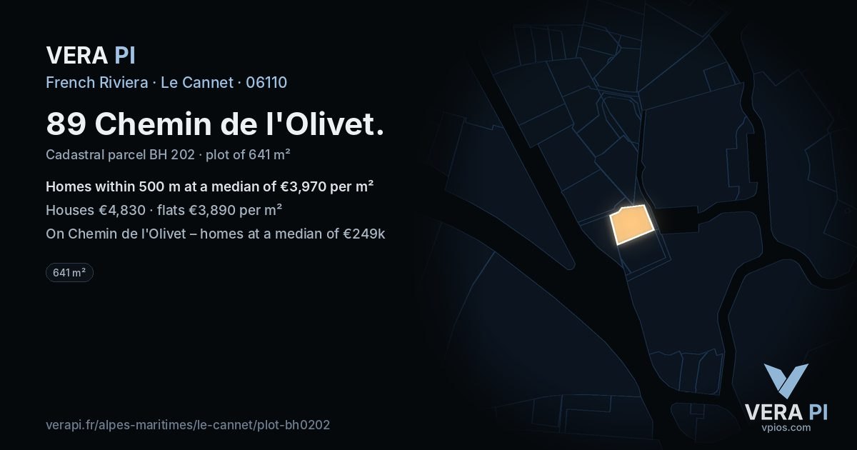 89 Chemin de l'Olivet, Le Cannet at night – the plot lit, the parcels around coloured by the prices near them