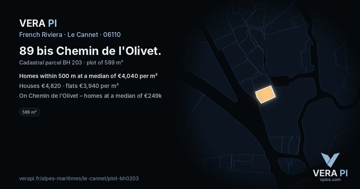 89 bis Chemin de l'Olivet, Le Cannet at night – the plot lit, the parcels around coloured by the prices near them