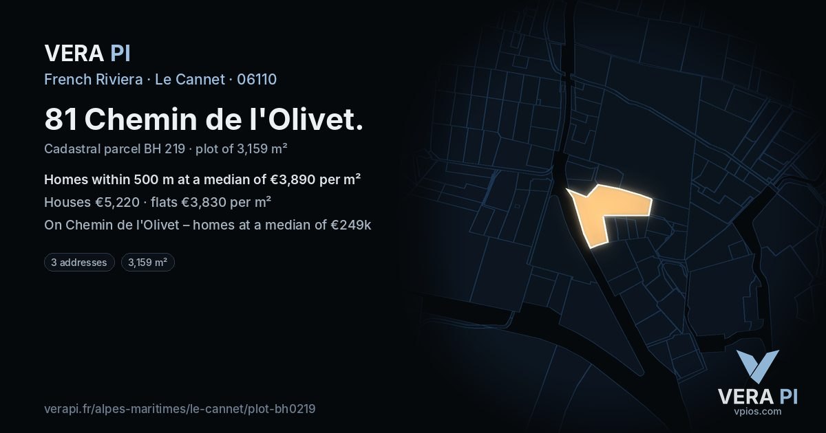 81 Chemin de l'Olivet, Le Cannet at night – the plot lit, the parcels around coloured by the prices near them