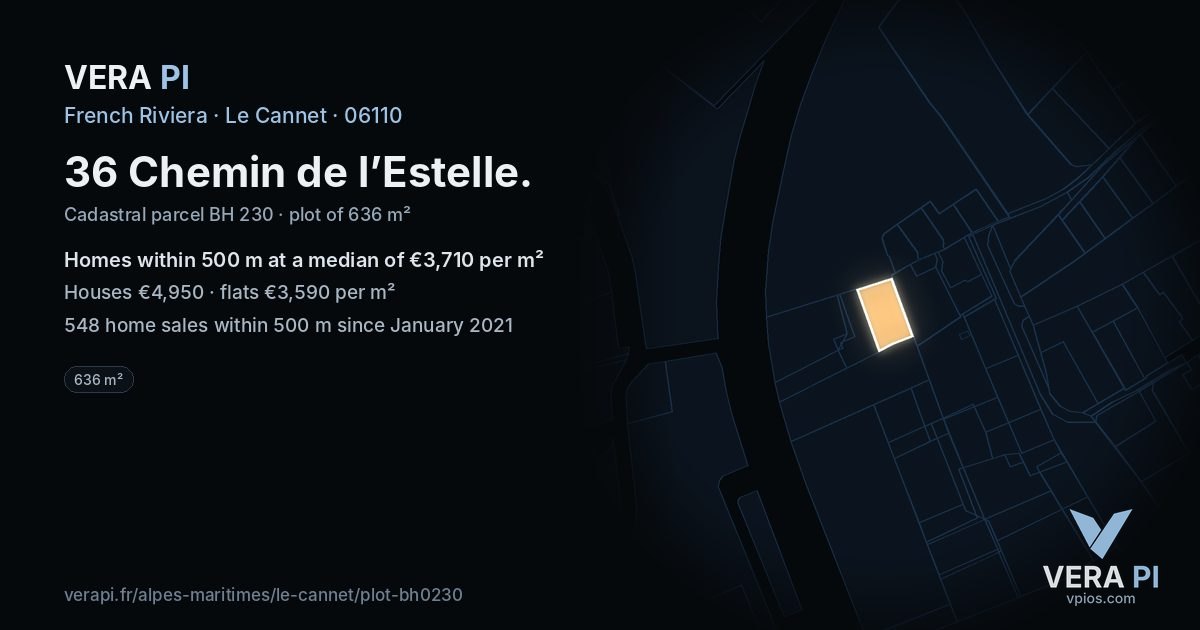 36 Chemin de l’Estelle, Le Cannet at night – the plot lit, the parcels around coloured by the prices near them
