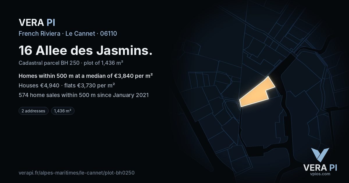 16 Allee des Jasmins, Le Cannet at night – the plot lit, the parcels around coloured by the prices near them