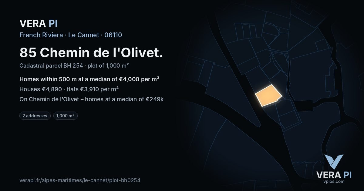 85 Chemin de l'Olivet, Le Cannet at night – the plot lit, the parcels around coloured by the prices near them
