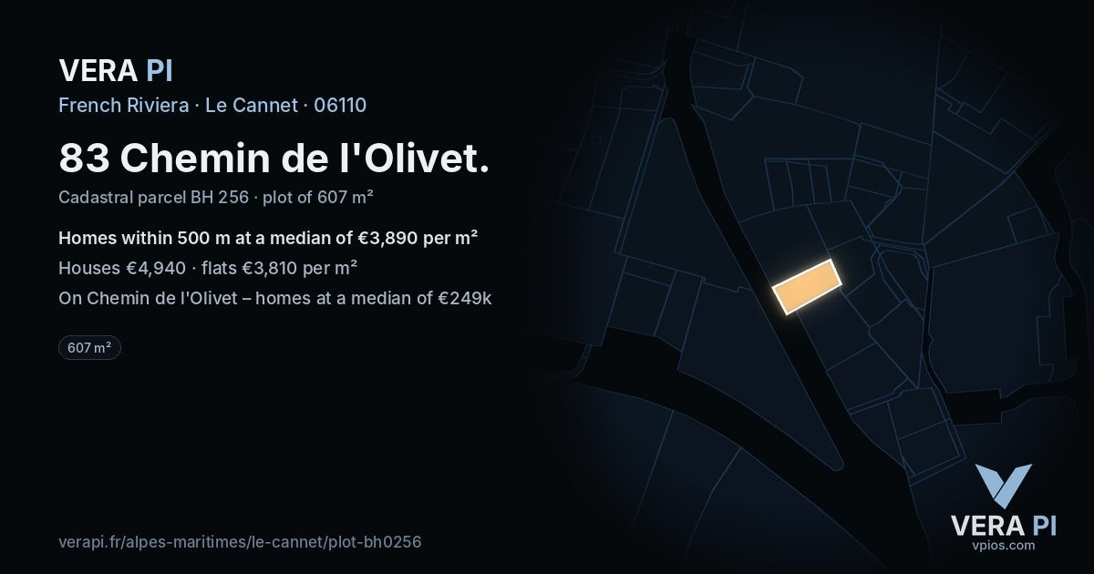 83 Chemin de l'Olivet, Le Cannet at night – the plot lit, the parcels around coloured by the prices near them