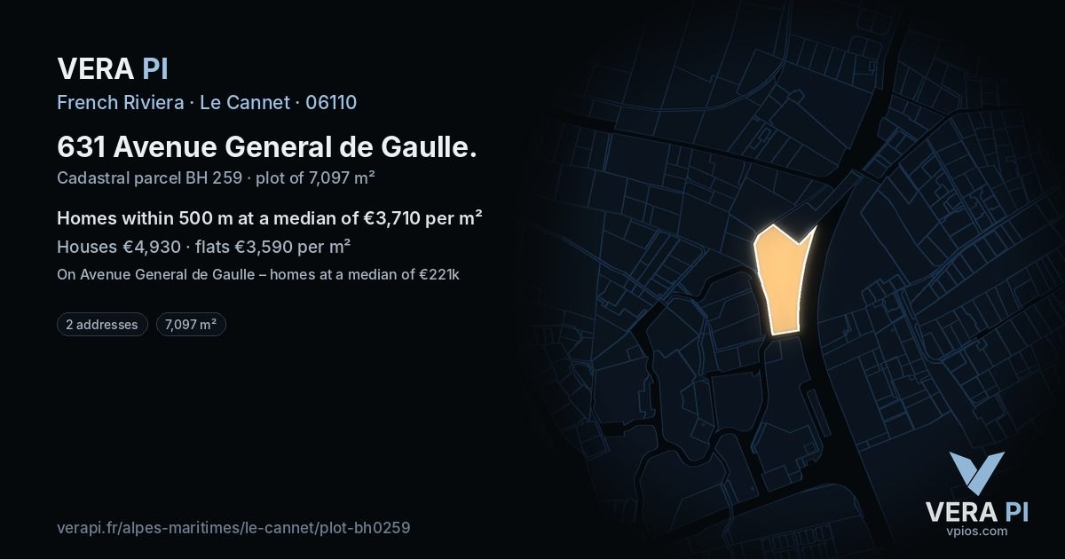 631 Avenue General de Gaulle, Le Cannet at night – the plot lit, the parcels around coloured by the prices near them