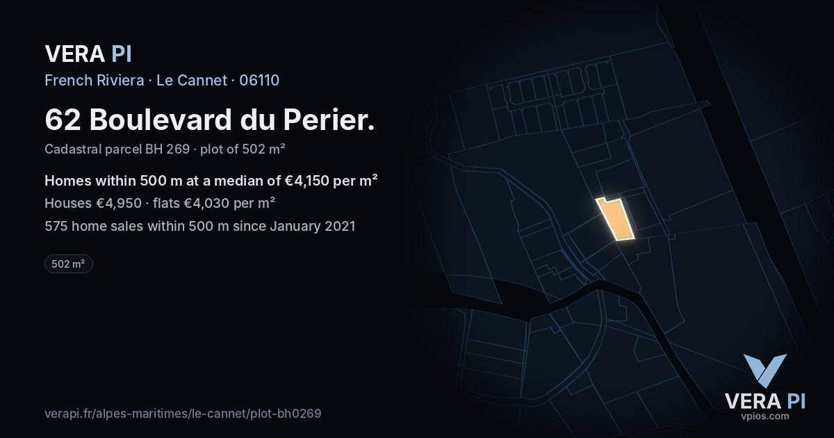 62 Boulevard du Perier, Le Cannet at night – the plot lit, the parcels around coloured by the prices near them