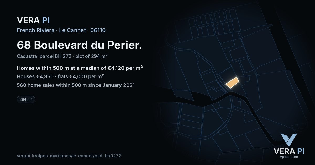 68 Boulevard du Perier, Le Cannet at night – the plot lit, the parcels around coloured by the prices near them