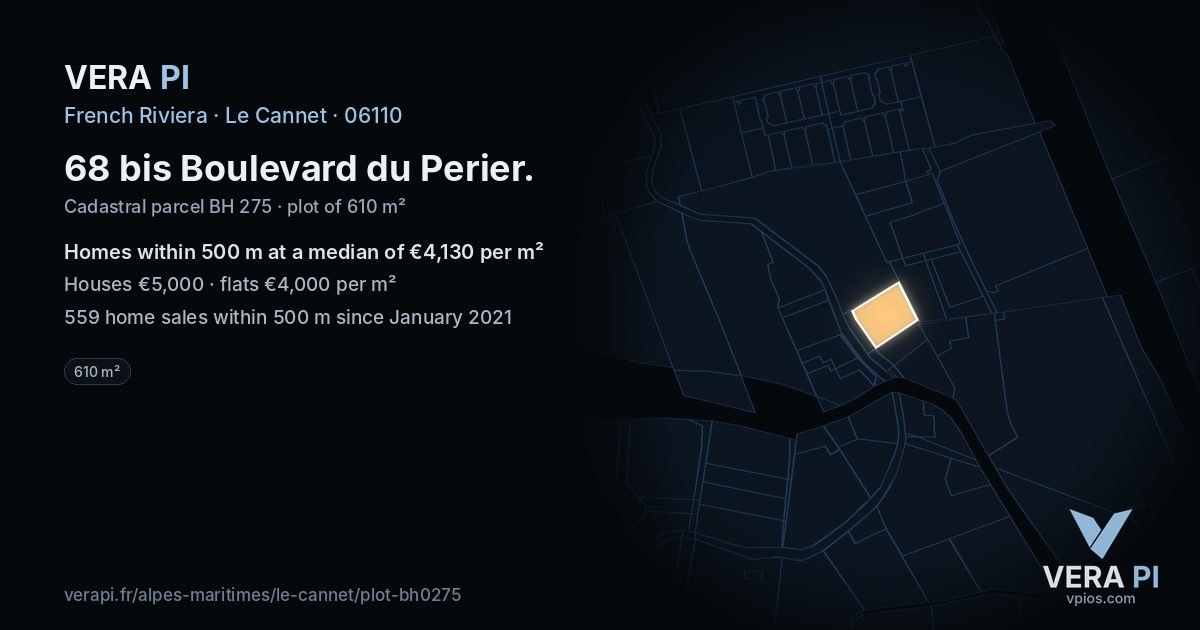 68 bis Boulevard du Perier, Le Cannet at night – the plot lit, the parcels around coloured by the prices near them