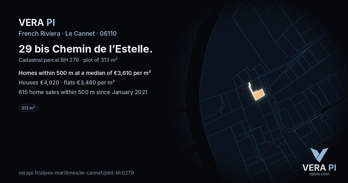 29 bis Chemin de l’Estelle, Le Cannet at night – the plot lit, the parcels around coloured by the prices near them