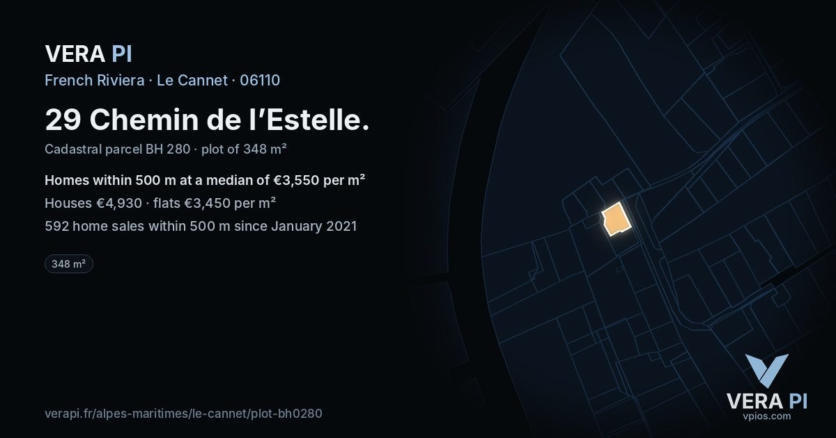 29 Chemin de l’Estelle, Le Cannet at night – the plot lit, the parcels around coloured by the prices near them