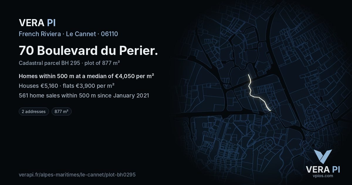 70 Boulevard du Perier, Le Cannet at night – the plot lit, the parcels around coloured by the prices near them