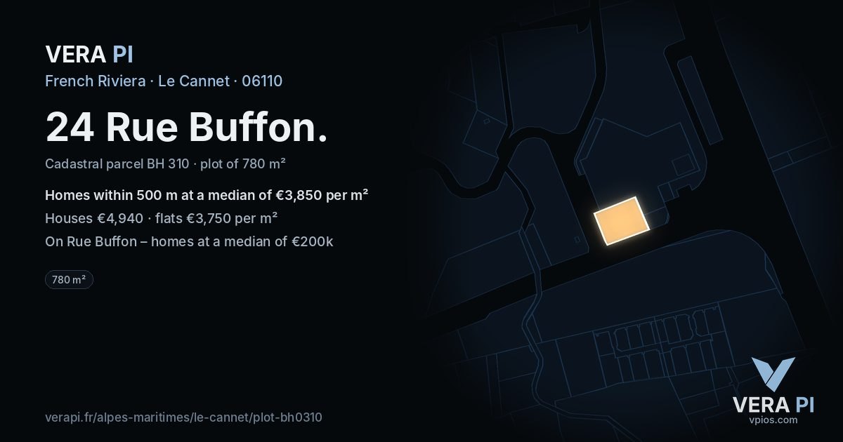 24 Rue Buffon, Le Cannet at night – the plot lit, the parcels around coloured by the prices near them