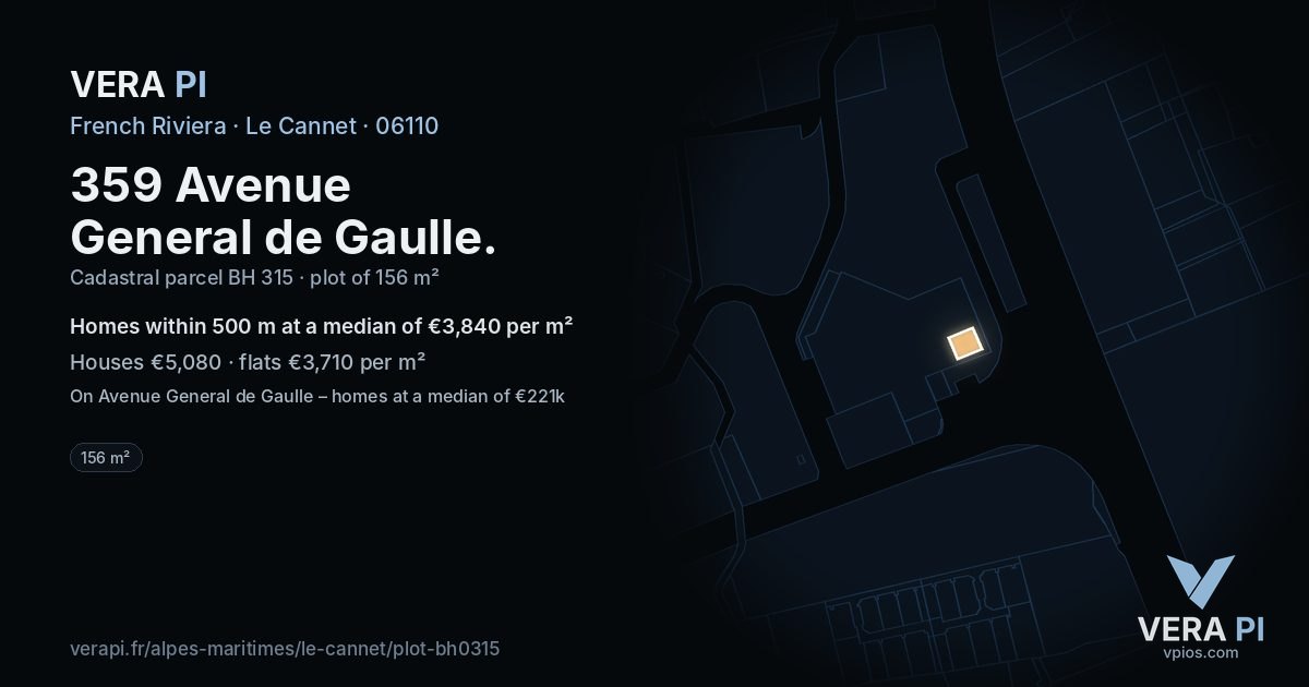 359 Avenue General de Gaulle, Le Cannet at night – the plot lit, the parcels around coloured by the prices near them