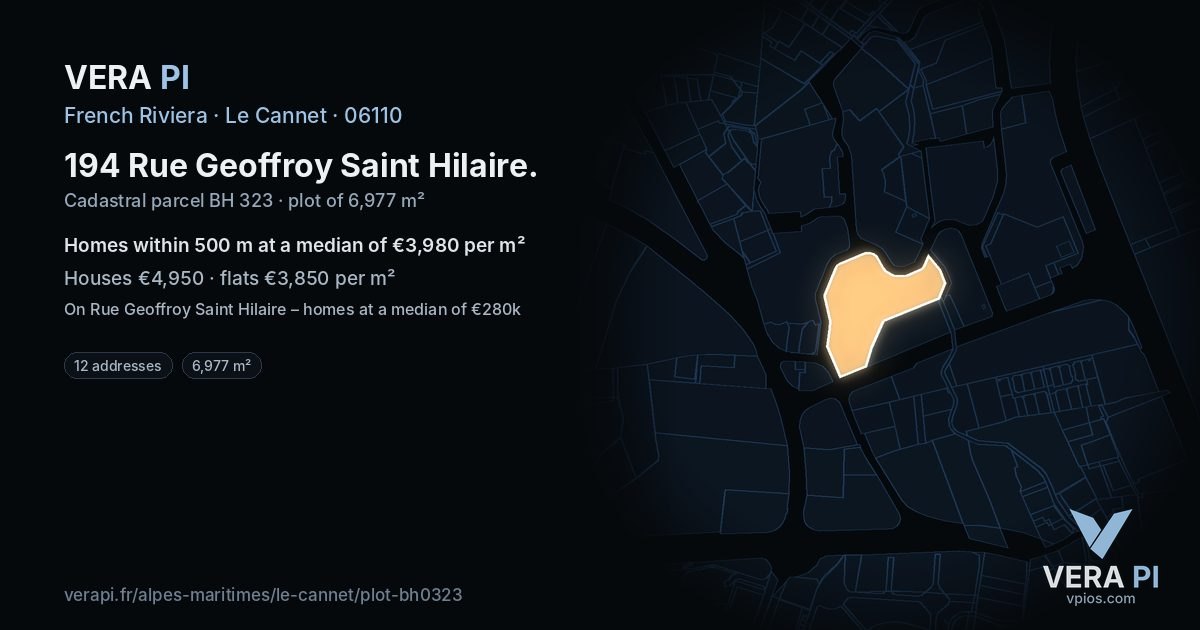 194 Rue Geoffroy Saint Hilaire, Le Cannet at night – the plot lit, the parcels around coloured by the prices near them
