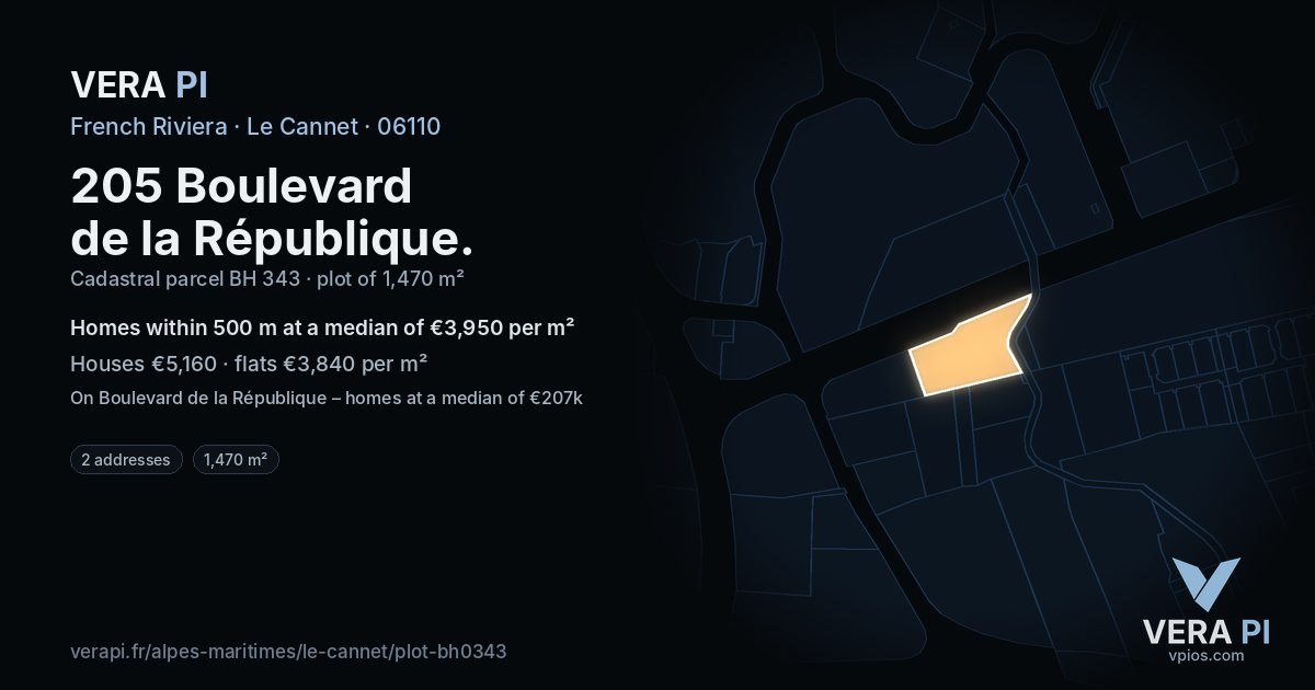 205 Boulevard de la République, Le Cannet at night – the plot lit, the parcels around coloured by the prices near them