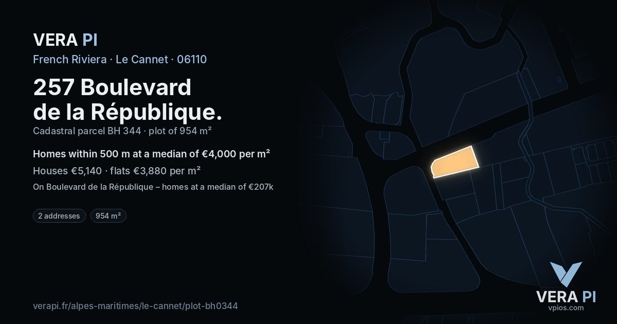 257 Boulevard de la République, Le Cannet at night – the plot lit, the parcels around coloured by the prices near them