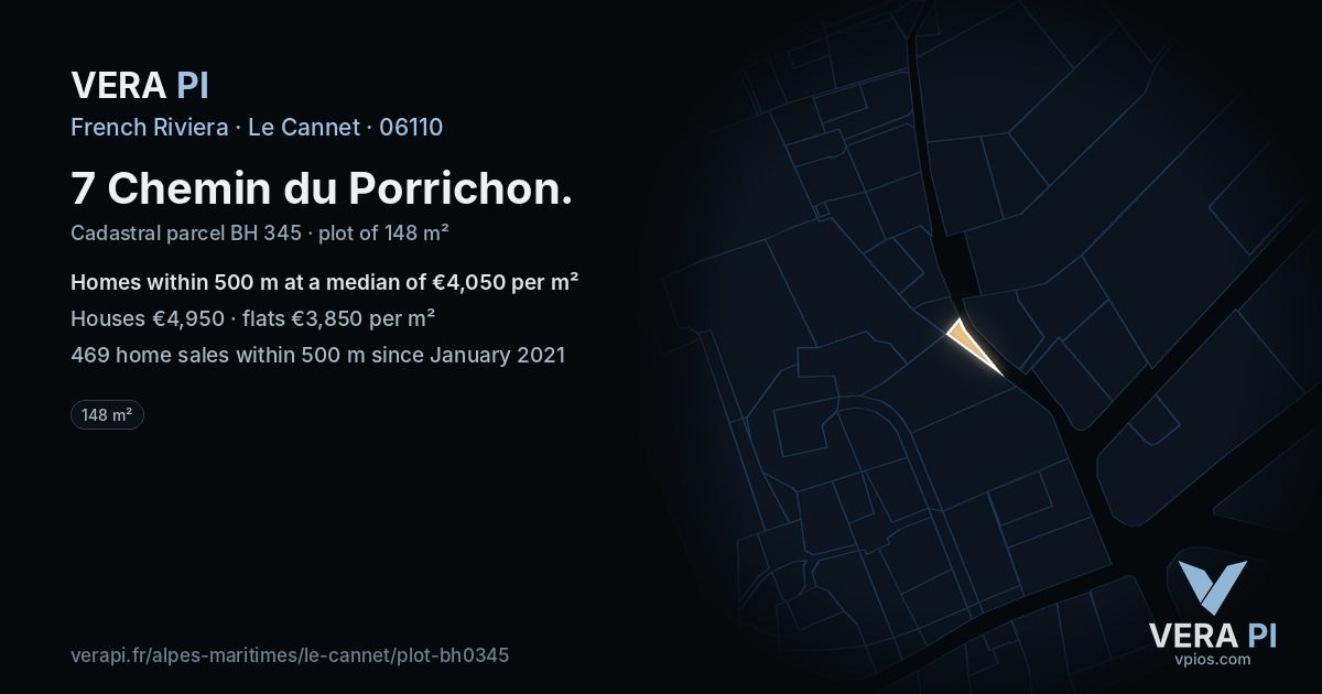 7 Chemin du Porrichon, Le Cannet at night – the plot lit, the parcels around coloured by the prices near them