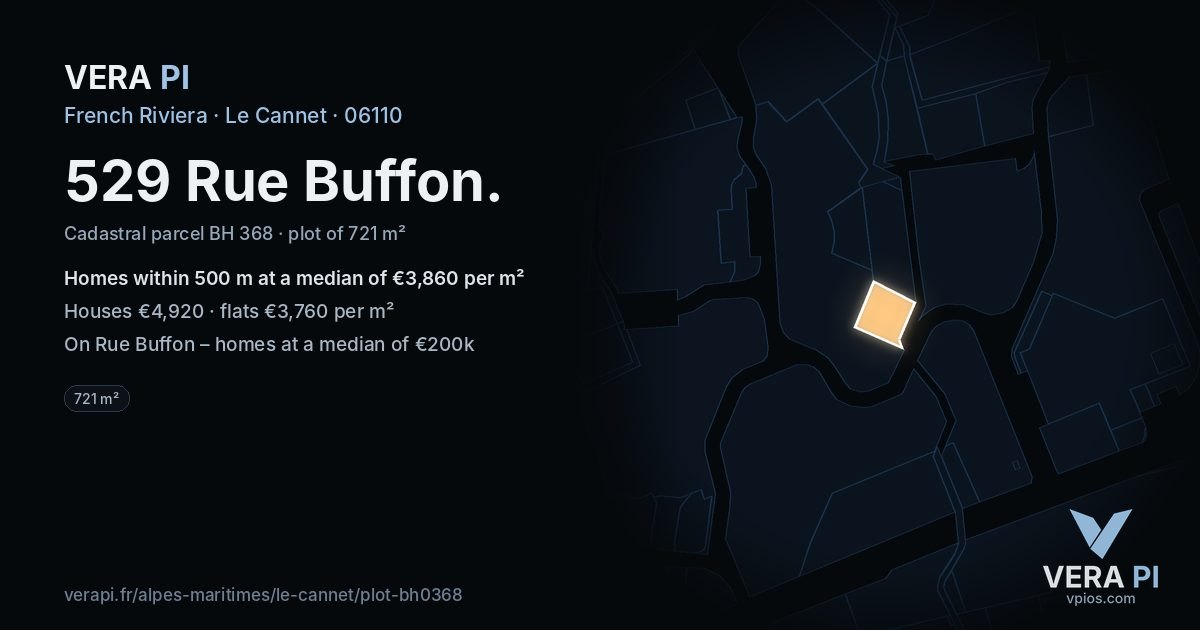 529 Rue Buffon, Le Cannet at night – the plot lit, the parcels around coloured by the prices near them