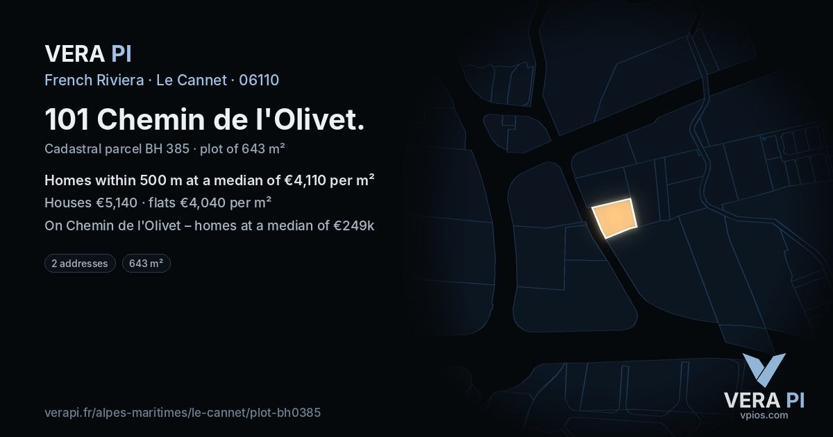 101 Chemin de l'Olivet, Le Cannet at night – the plot lit, the parcels around coloured by the prices near them