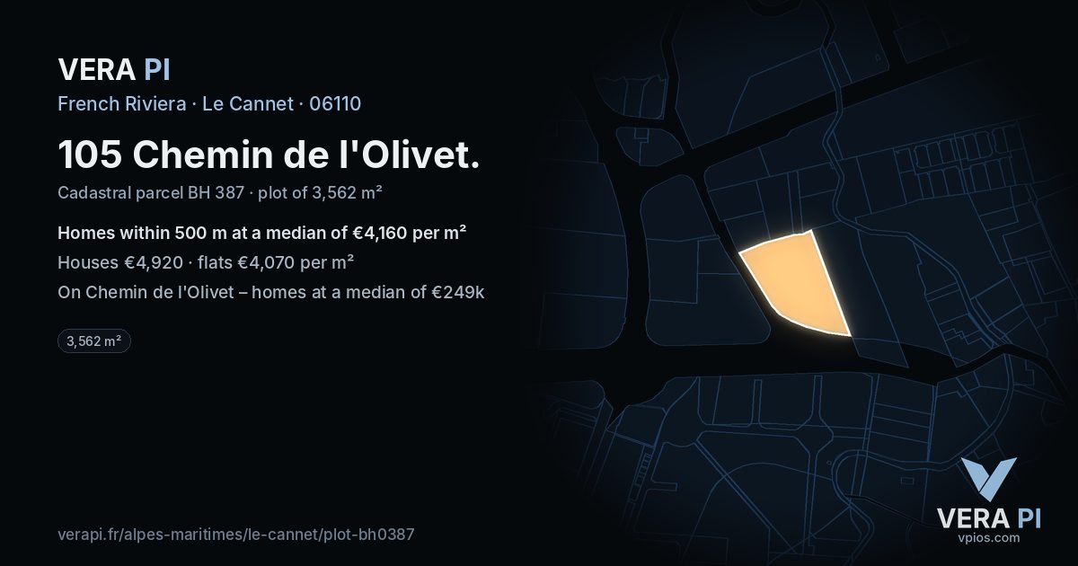 105 Chemin de l'Olivet, Le Cannet at night – the plot lit, the parcels around coloured by the prices near them