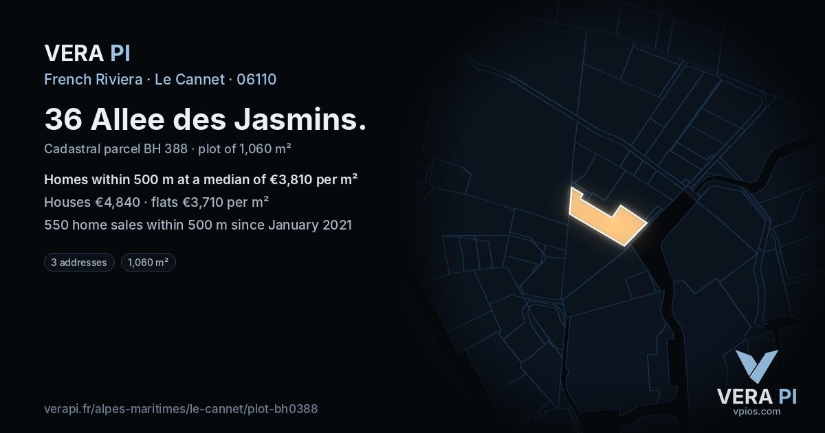 36 Allee des Jasmins, Le Cannet at night – the plot lit, the parcels around coloured by the prices near them