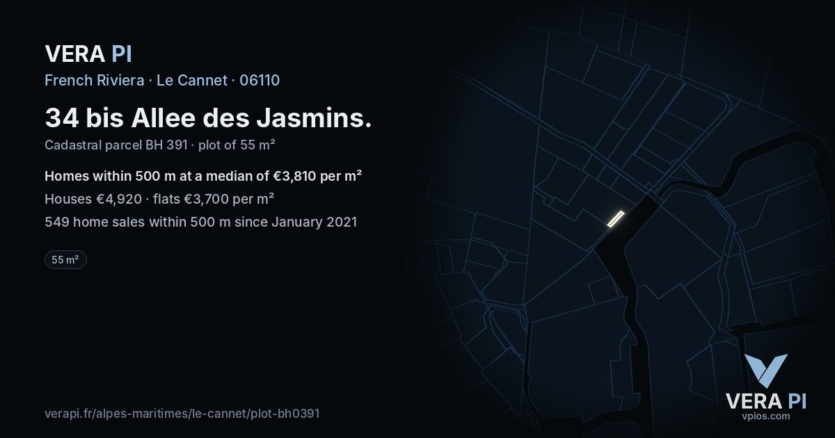 34 bis Allee des Jasmins, Le Cannet at night – the plot lit, the parcels around coloured by the prices near them