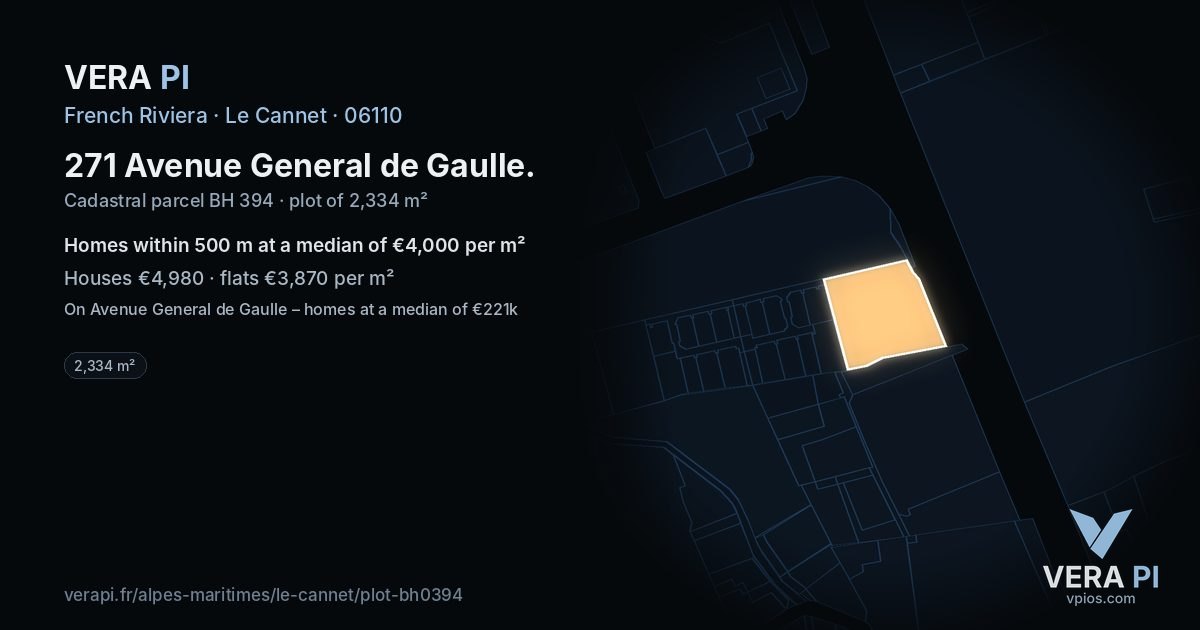 271 Avenue General de Gaulle, Le Cannet at night – the plot lit, the parcels around coloured by the prices near them