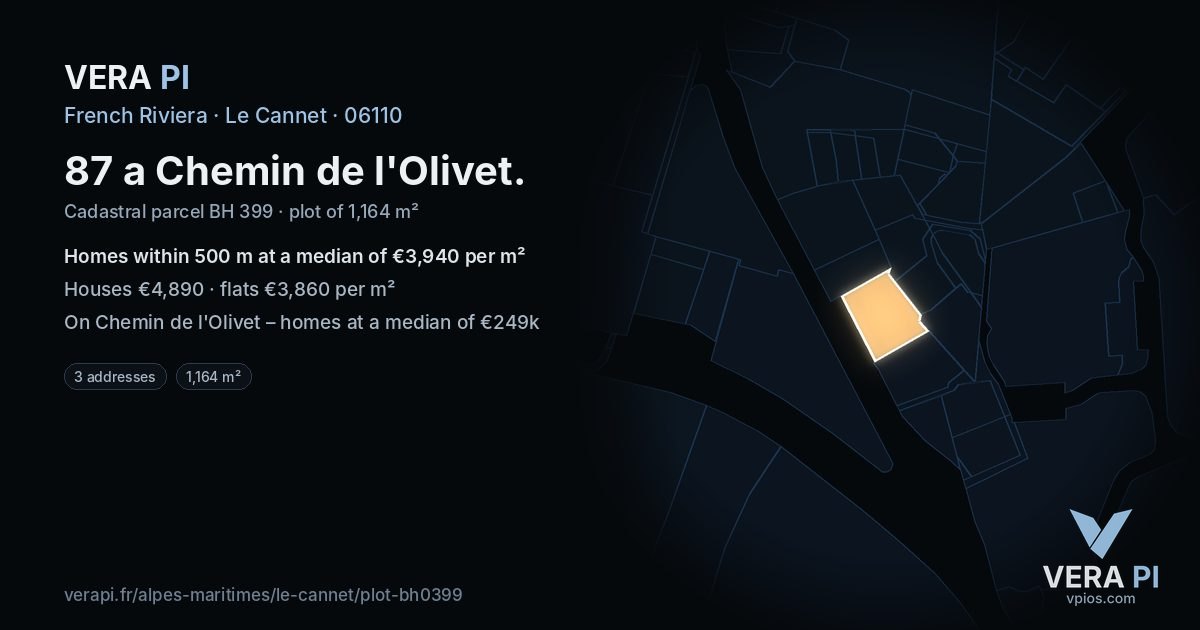 87 a Chemin de l'Olivet, Le Cannet at night – the plot lit, the parcels around coloured by the prices near them